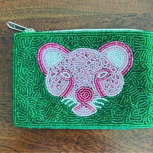 Beaded Green Clutch with Pink Leopard Design